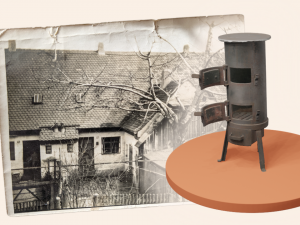 3D-Modell eines selbstgebauten Ofens vor einem historischen Foto, das zwei Reihenhäuser in der Selgradstraße in Amberg zeigt.