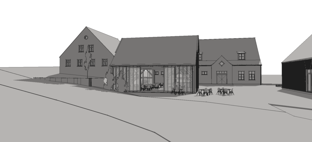 Vorentwurf des neuen Gastrostadels. Hier wurde geprüft, ob eine Verglasung der Fassade eine stimmige Lösung darstellt. Dies Verglasung ist aber mittlerweile nicht mehr Teil des Entwurfs. (Entwurf: André Ries)